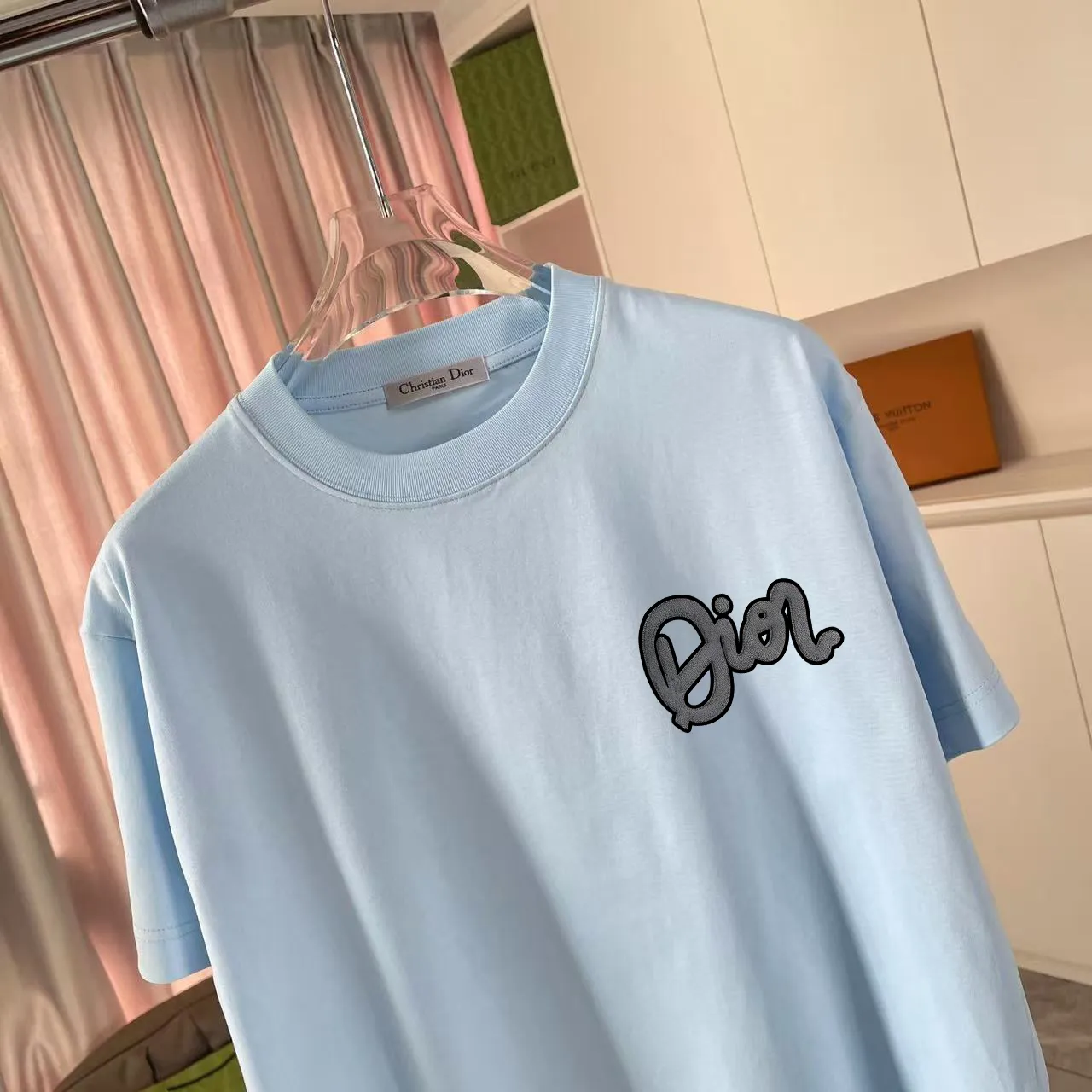 🅿️170 Dio Dior 2025 summer new style Personalized letter logo printing Short-sleeved T-shirt Customized fabric 300g Same style for men and women Color: Black White Pink Sky Blue Size: S M L XL XXL Five codes​