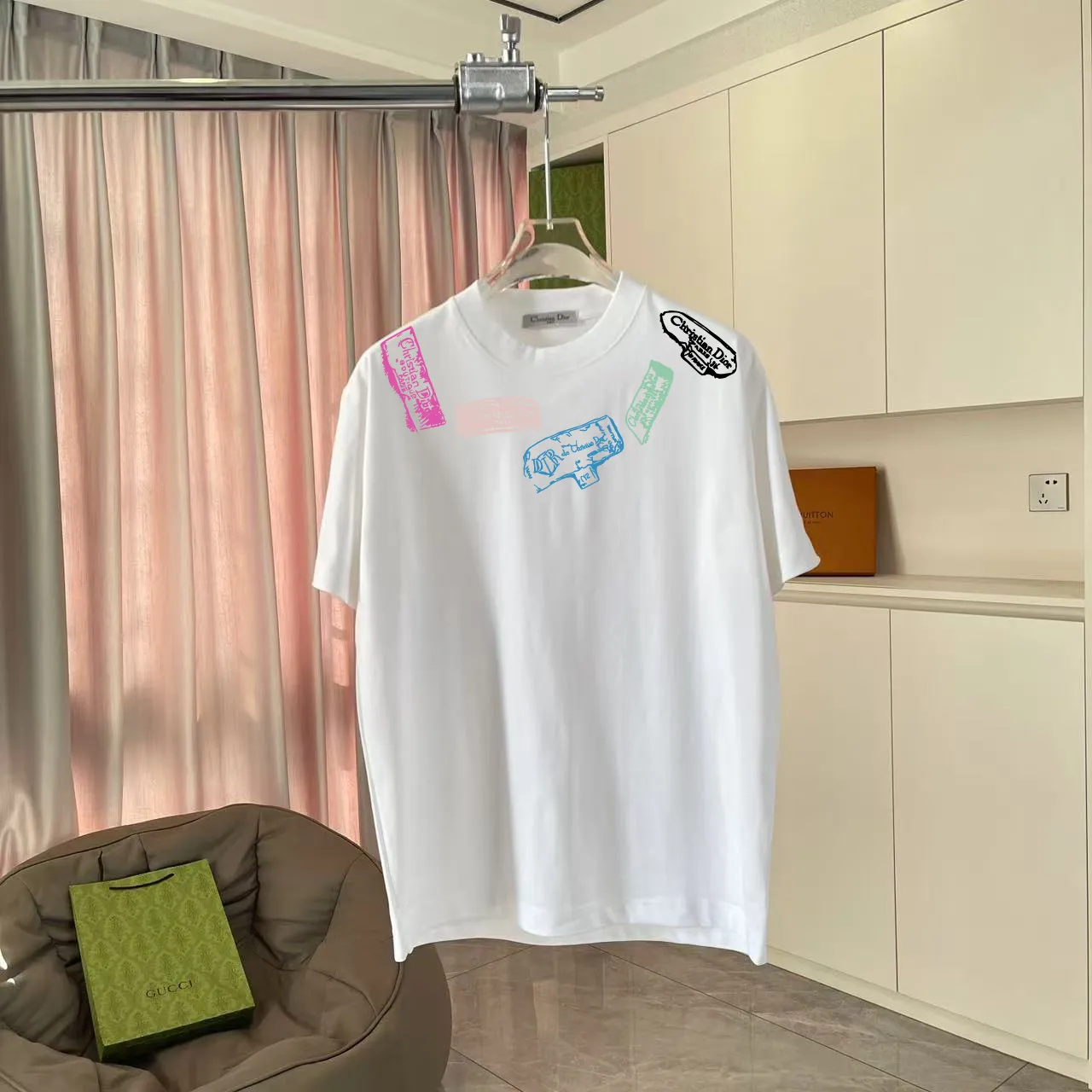 🅿️170 Dio*Dior 2025 summer new style Personalized letter logo printing Short-sleeved T-shirt Customized fabric 300g Same style for men and women Color: Black White Pink Iron Gray Size: S M L XL XXL Five codes​