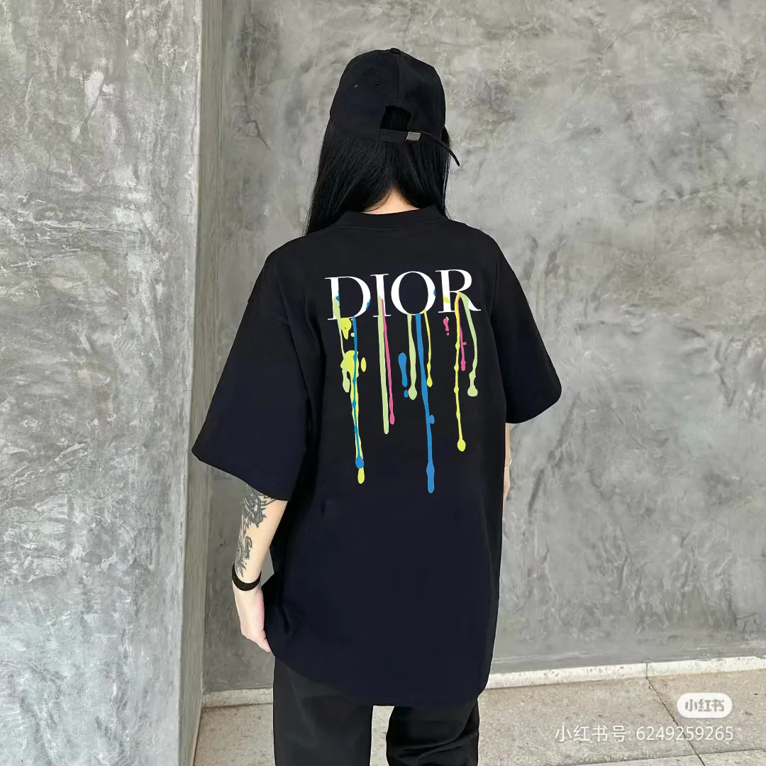 🅿️170 [DIOR Dior] 2025FW short-sleeved T-shirt LOGO printing High-end 26s double yarn 300g fabric Heavy fabric Customized frame ribbing in the same cylinder and dyeing Complete three standards Same style for men and women Color: Black White Size: S M L XL 2XL
