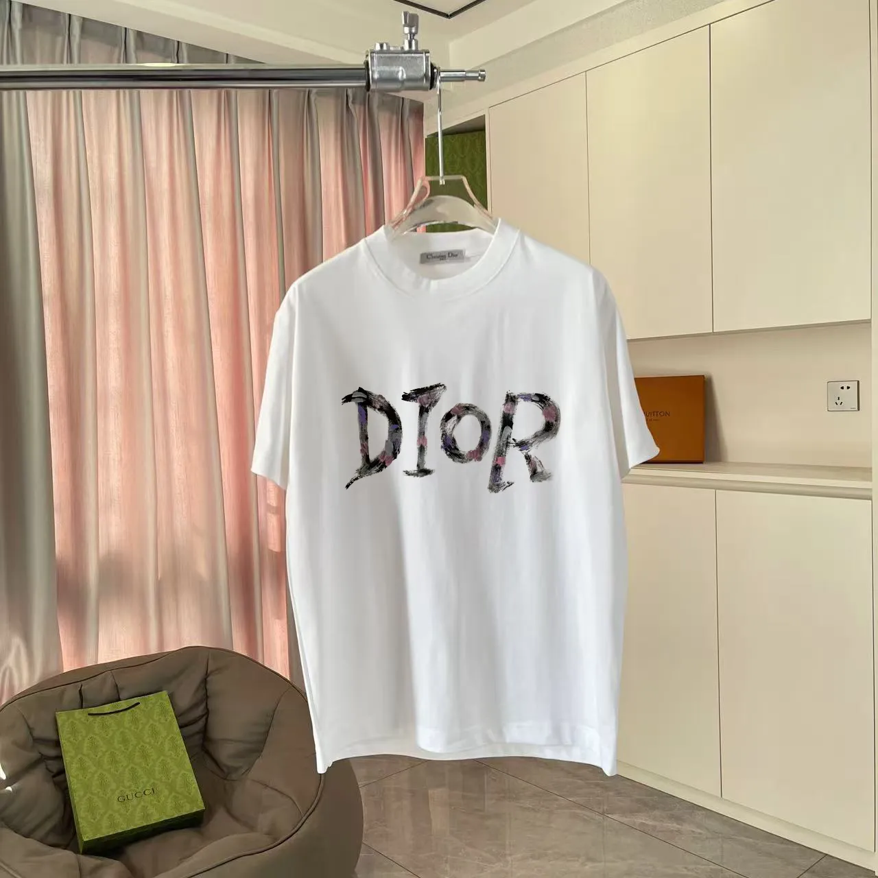 🅿️170 Dio*2025 autumn new style Personalized letter logo printing Short-sleeved T-shirt Customized fabric 300g Same style for men and women Color: Black White Pink Iron Gray Size: S M L XL XXL Five codes