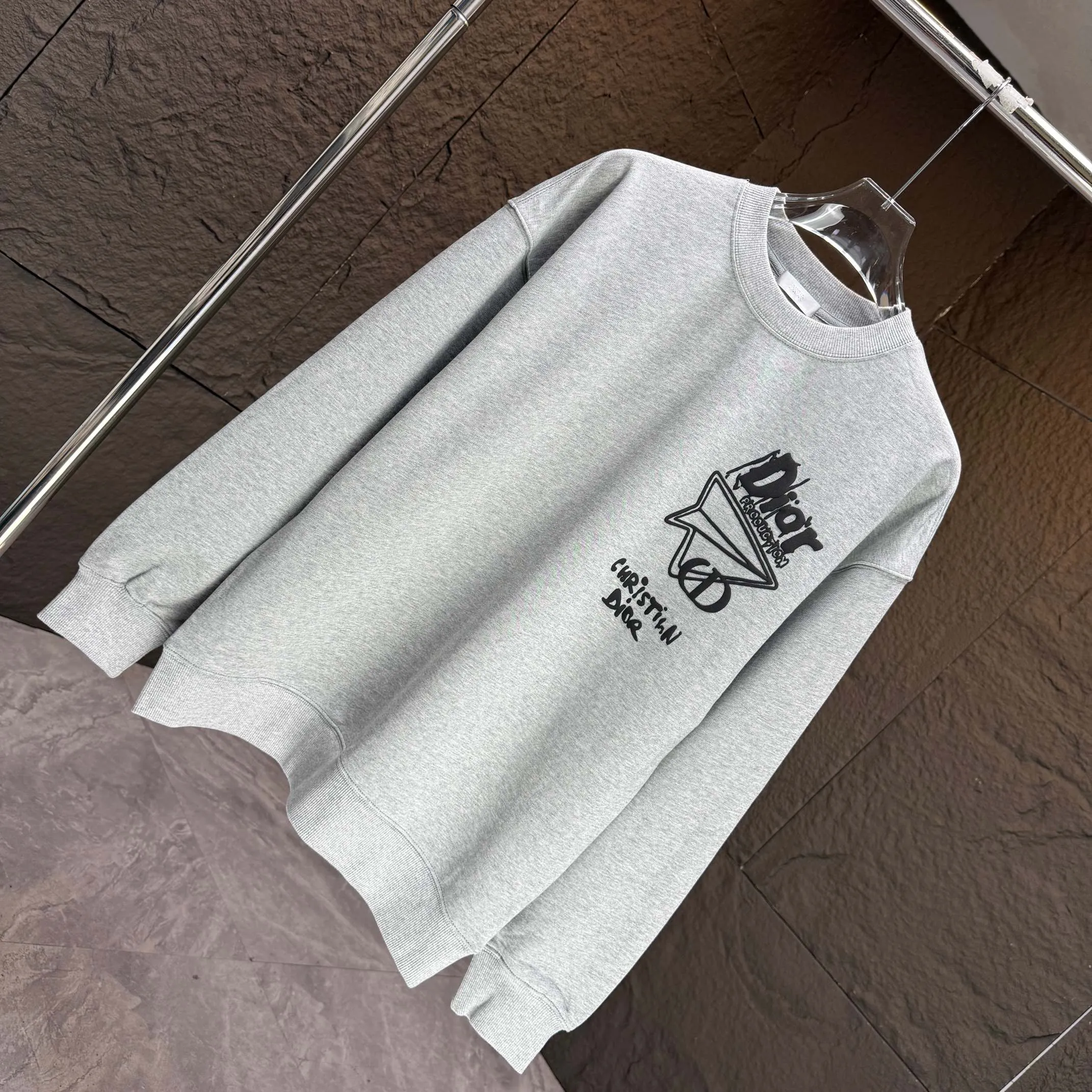 🅿️240 Dio* Dior* 2025 autumn and winter new round neck sweatshirt 400g terry cotton letter logo three-dimensional foam Color: Black White Blue Gray Size: S M L XL XXL