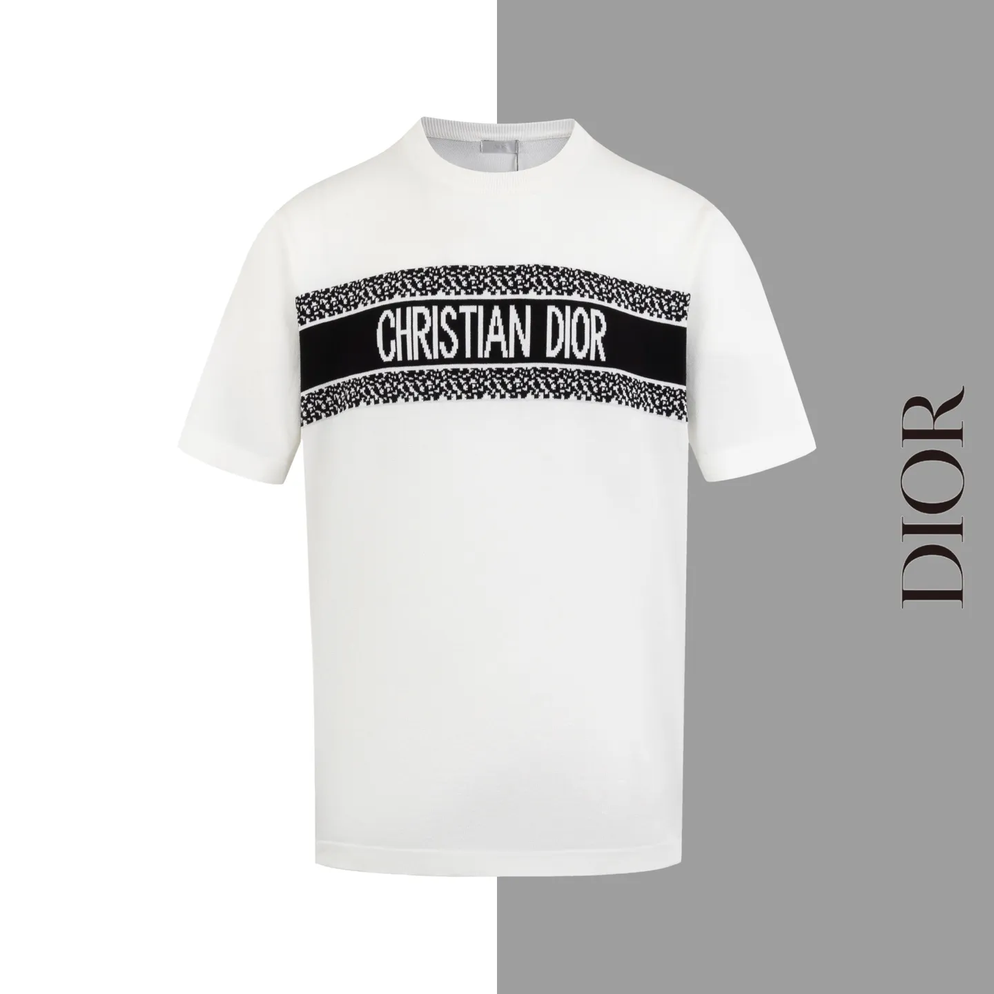 🅿️170 Style No. #Z43 Dior horizontal letter knitted short sleeves. Same style as DIOR official website. Fabric: Imitation wool fine pure cotton knitting. Same color woven and dyed threads in the same cylinder. Consistent colors. Supporting: complete three standards. Cardboard, oil paper and code sticker packaging. All go through high temperature pre-shrinking process before making. It will not shrink and deform. Imported machines are professional for plate production. os version can wear up to 200 kilograms. The size is measured manually. The error of 2-3cm is normal. Color: black white size: s m l xl