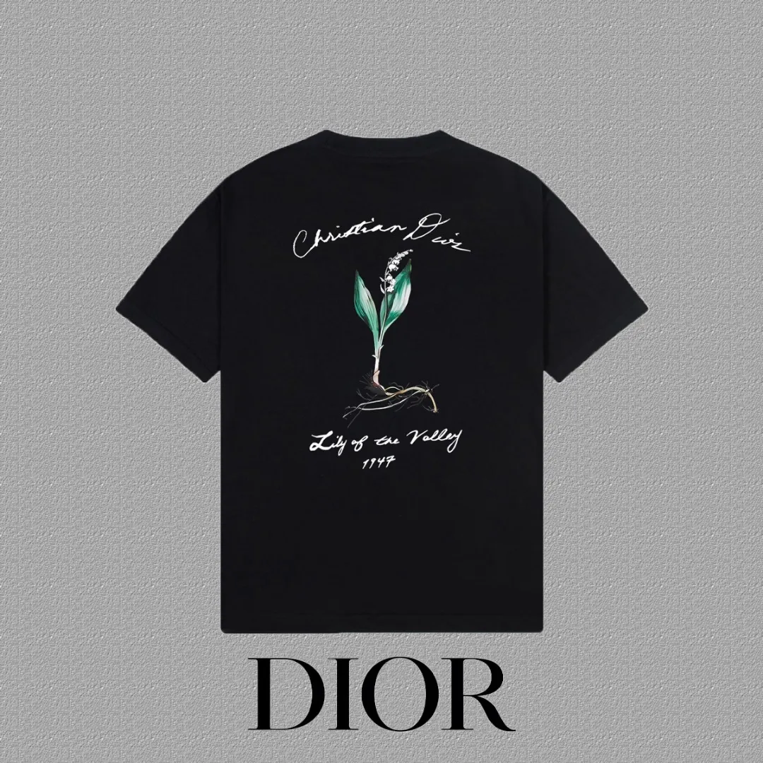 🅿️170 [DIOR Dior] 2025FW short-sleeved T-shirt LOGO printing High-end 26s double yarn 300g fabric Heavy fabric Customized frame ribbing in the same cylinder and dyeing Complete three standards Same style for men and women Color: Black White Size: S M L XL 2XL