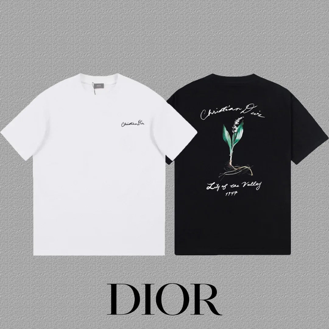 🅿️170 [DIOR Dior] 2025FW short-sleeved T-shirt LOGO printing High-end 26s double yarn 300g fabric Heavy fabric Customized frame ribbing in the same cylinder and dyeing Complete three standards Same style for men and women Color: Black White Size: S M L XL 2XL