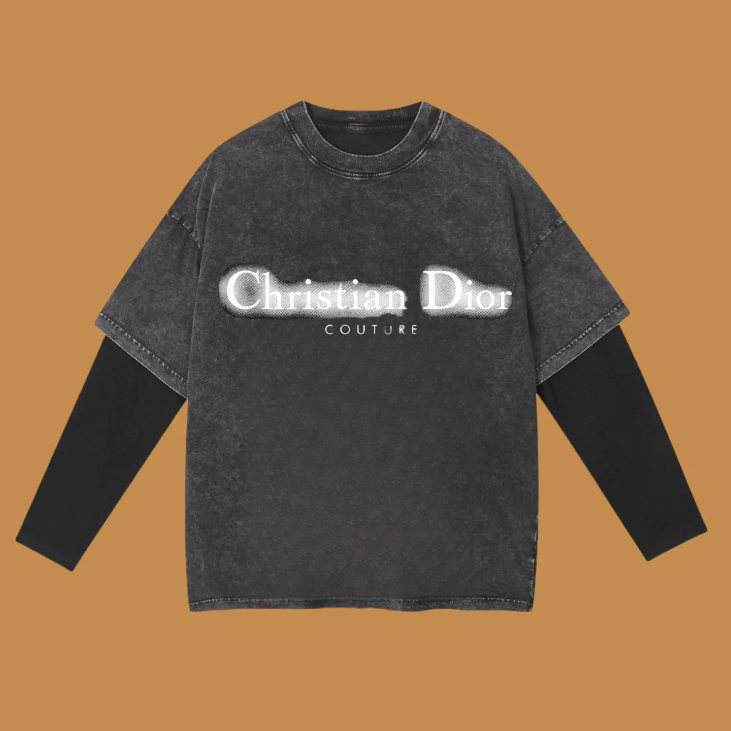🅿️240 (Profit from cooperation) High-end quality DIOR 2025SS spring and summer clothing Fake two-piece washed snowflake series Fake two-piece long T-shirt with slogan Imported Kornit digital direct-injection printing Custom-dyed high-quality trendy brand 100% cotton washed 260G fabric Ready-made garments dyed ➕ washed fried snowflake OS loose off-shoulder version Unisex size: S.M.L.XL.2XL