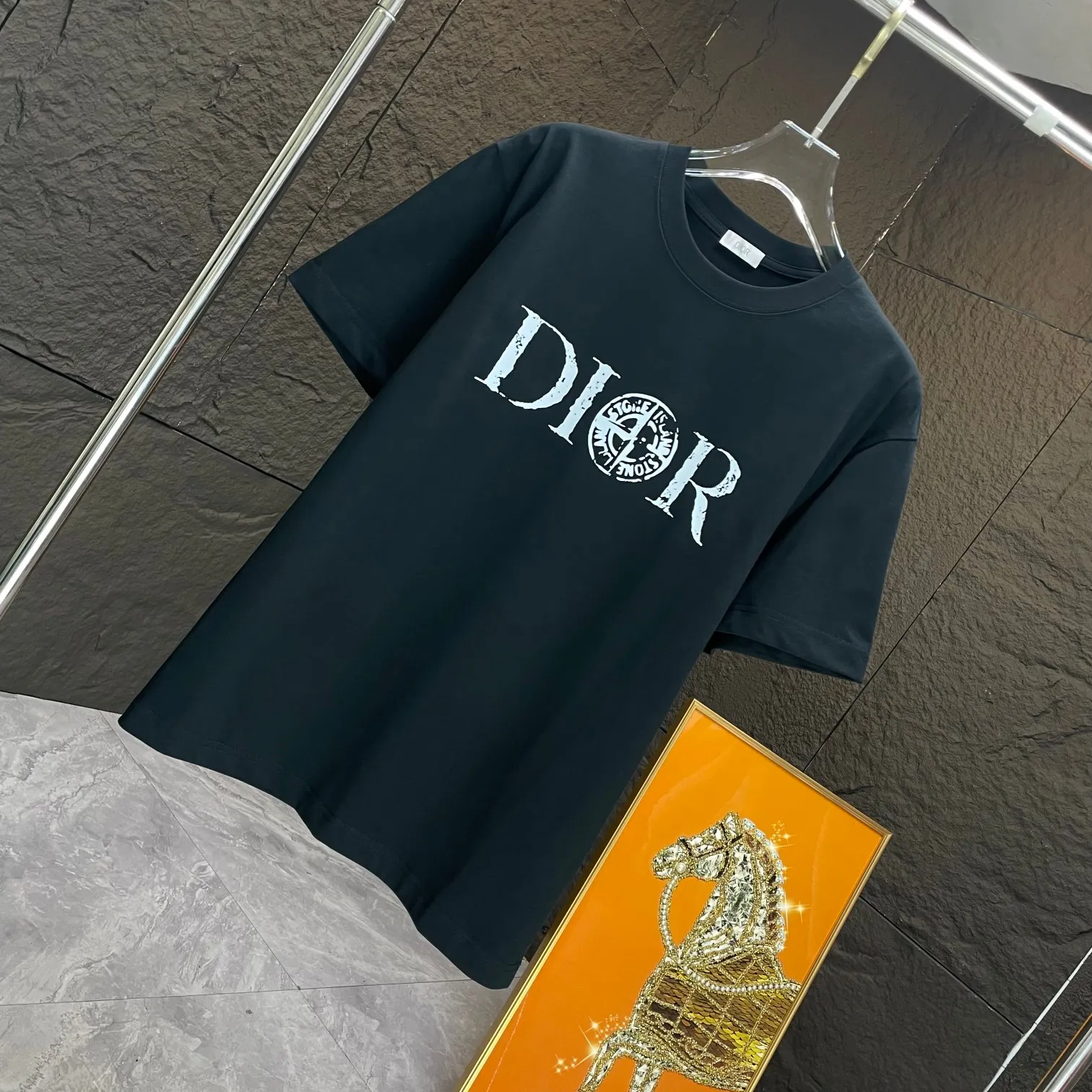 🅿️170 Dio* Dior* 2025 spring and summer new short-sleeved T-shirt Heavy cotton letter pattern printing Color: Black White Night Blue Size: S M L XL XXL