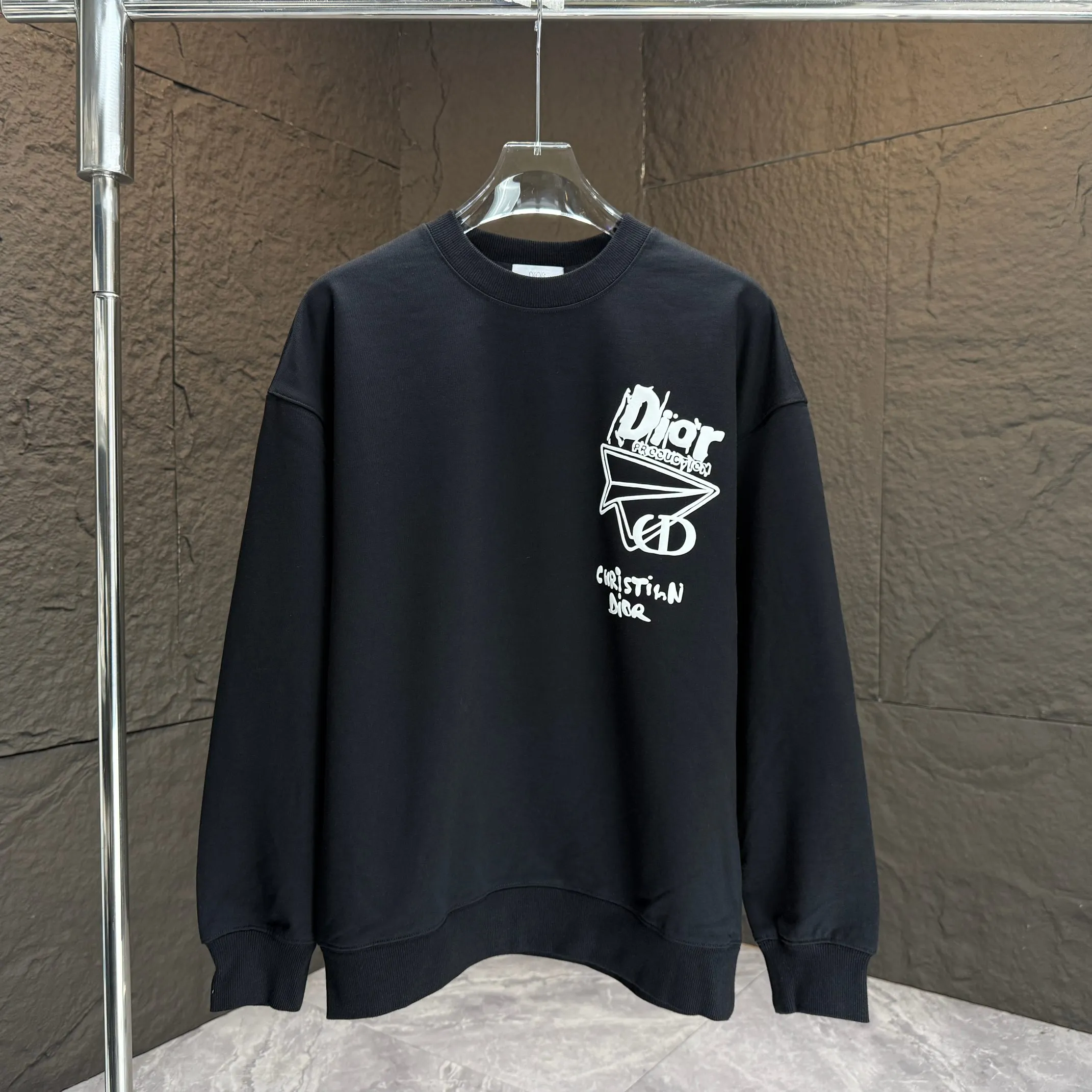 🅿️240 Dio* Dior* 2025 autumn and winter new round neck sweatshirt 400g terry cotton letter logo three-dimensional foam Color: Black White Blue Gray Size: S M L XL XXL