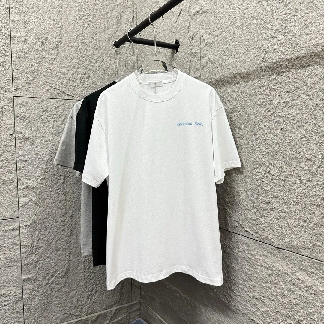 🅿️180 Dio Dio 2025 spring and summer new style Classic letter embroidery on the chest Short-sleeved T-shirt Customized double yarn plain cotton fabric Same style for men and women Color: black white floral gray Size: S (90-130 pounds) M (120-150 pounds) L (140-165 pounds) XL (160-180 pounds) XXL (180-210 pounds)