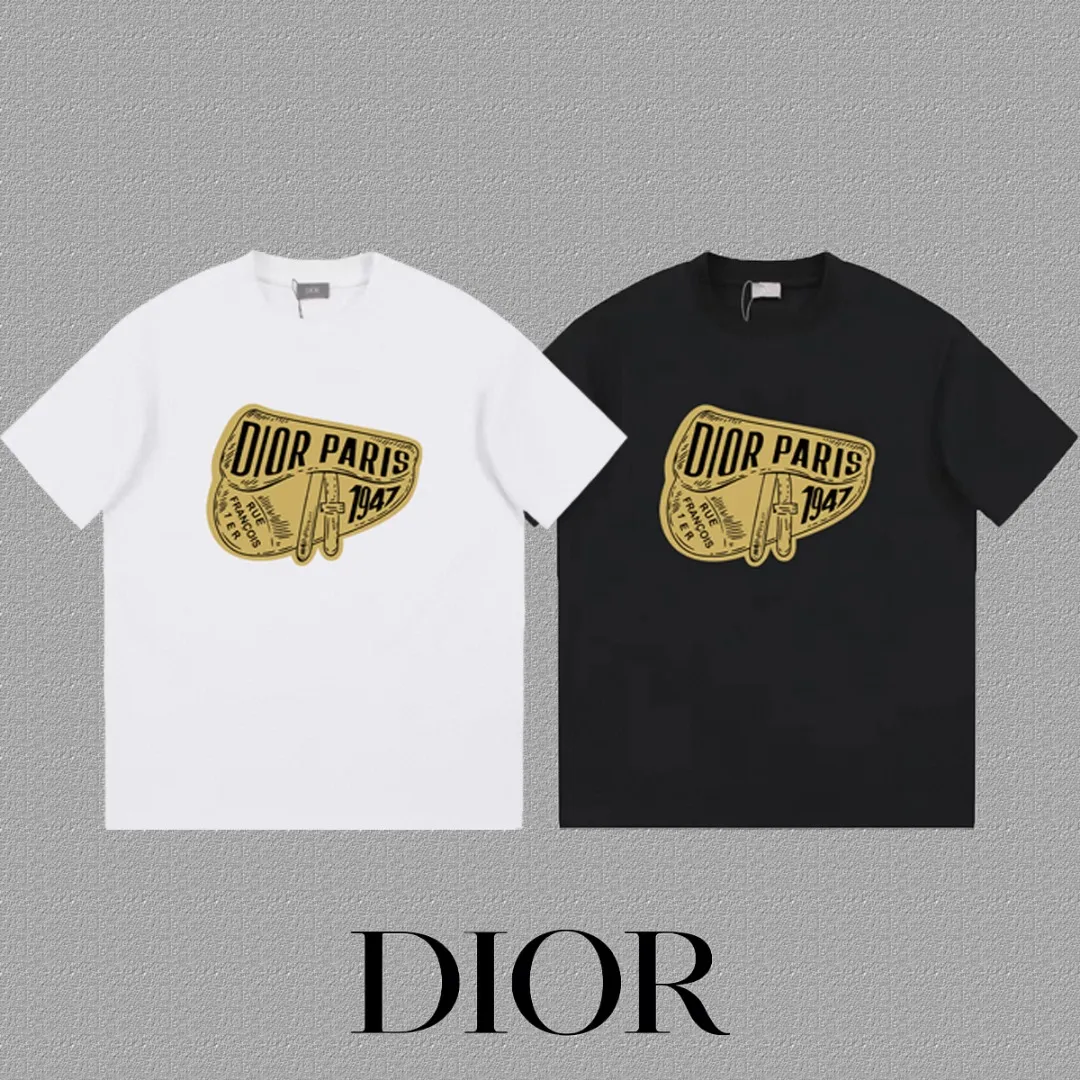 🅿️170 [DIOR Dior] 2025FW short-sleeved T-shirt LOGO printing High-end 26s double yarn 300g fabric Heavy fabric Customized frame ribbing in the same cylinder and dyeing Complete three standards Same style for men and women Color: Black White Size: S M L XL 2XL