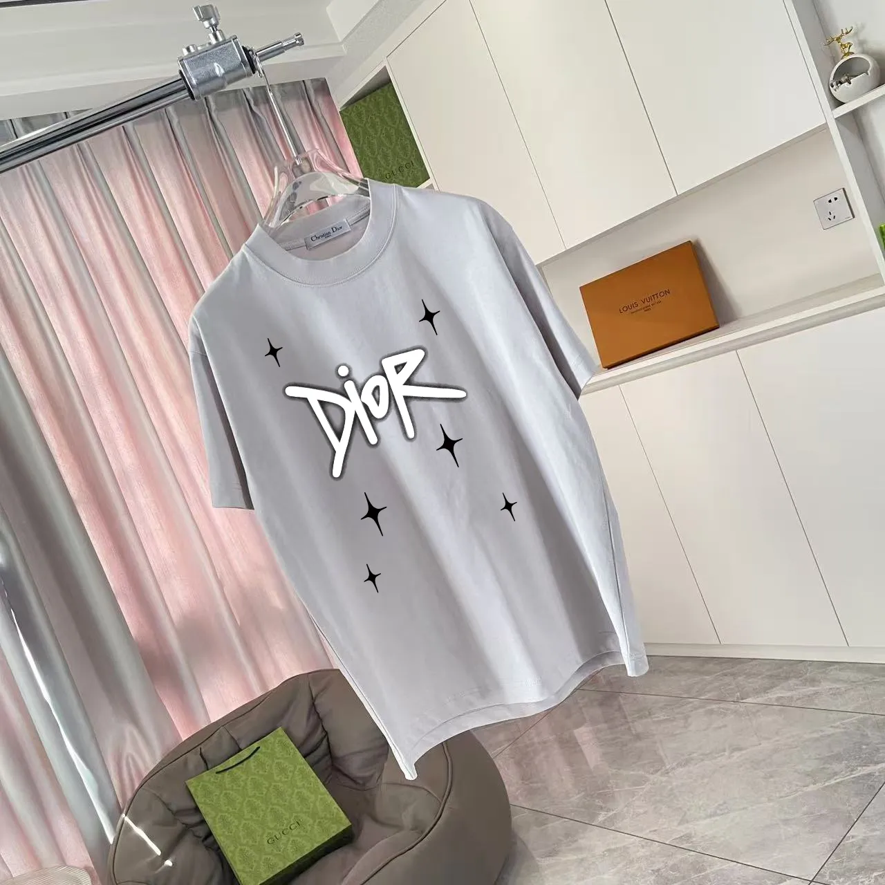 🅿️170 Dio*2025 autumn new style Personalized letter logo printing Short-sleeved T-shirt Customized fabric 300g Same style for men and women Color: black white lake green iron gray Size: S M L XL XXL five sizes