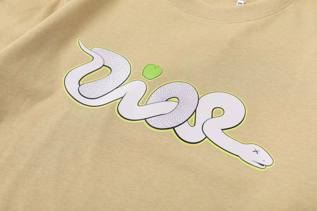 🅿️170 Dior Dior joint KAWS series 2025 new style Snake letter logo Uniform short-sleeved T-shirt for men and women ·Customized 280g 100% double yarn pure cotton fabric ·Dyeing 32 counts double-strand thread ·Kangli digital direct printing process ·Complete collar label, hangtag, main mark and three labels Color: Khaki Size: XS S M L