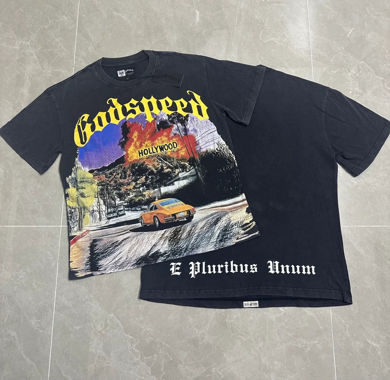 6320# Washed black I P116 Real stock (American fashion niche) Godspeed cross-border American rock street washed retro style short-sleeved T (craft printing) Fabric (fabric): 32 counts combed double yarn 250 grams weight Size (size): S-M-L-XL Color (colour): Washed black