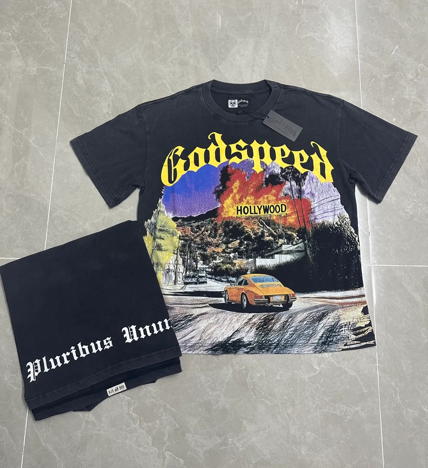 6320# Washed black I P116 Real stock (American fashion niche) Godspeed cross-border American rock street washed retro style short-sleeved T (craft printing) Fabric (fabric): 32 counts combed double yarn 250 grams weight Size (size): S-M-L-XL Color (colour): Washed black