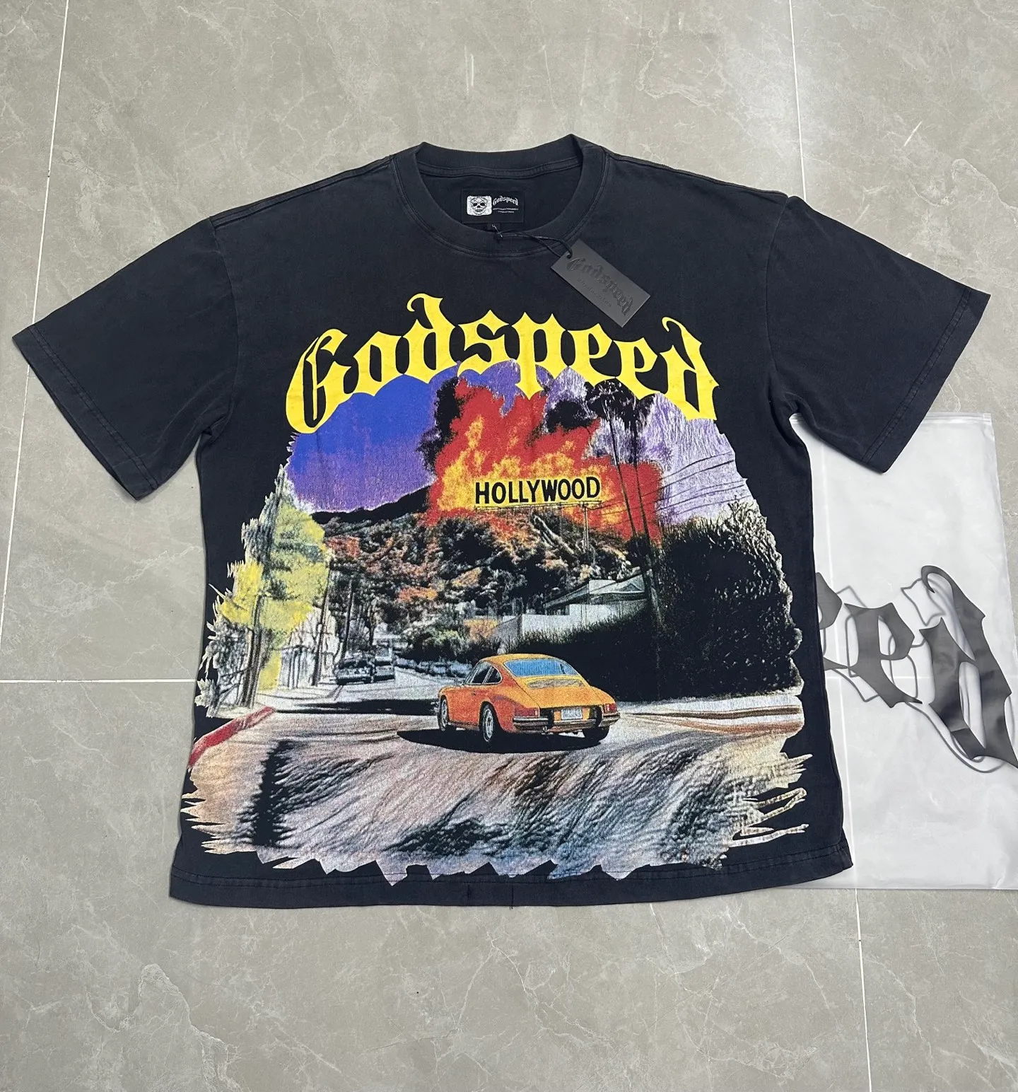 6320# Washed black I P116 Real stock (American fashion niche) Godspeed cross-border American rock street washed retro style short-sleeved T (craft printing) Fabric (fabric): 32 counts combed double yarn 250 grams weight Size (size): S-M-L-XL Color (colour): Washed black