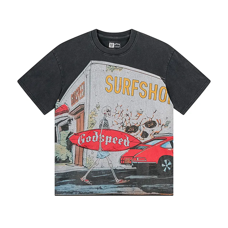1167# P120 Washed Black Real Shot Godspeed American Fashion Rock Street Retro Washed Distressed Printed Pure Cotton Short Sleeves Fabric: 250g 32 Count Fine Cotton Double Yarn Pure Cotton Color: Washed Black Size: S M L XL