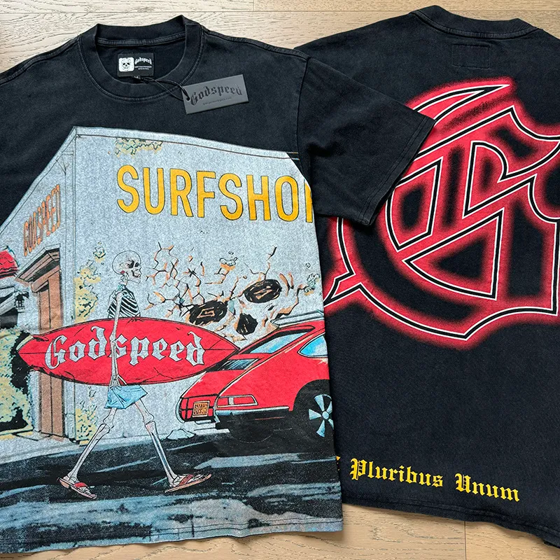 1167# P120 Washed Black Real Shot Godspeed American Fashion Rock Street Retro Washed Distressed Printed Pure Cotton Short Sleeves Fabric: 250g 32 Count Fine Cotton Double Yarn Pure Cotton Color: Washed Black Size: S M L XL