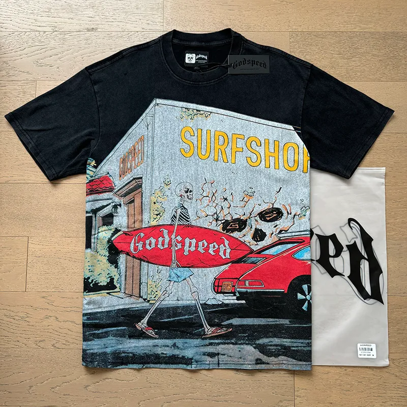 1167# P120 Washed Black Real Shot Godspeed American Fashion Rock Street Retro Washed Distressed Printed Pure Cotton Short Sleeves Fabric: 250g 32 Count Fine Cotton Double Yarn Pure Cotton Color: Washed Black Size: S M L XL