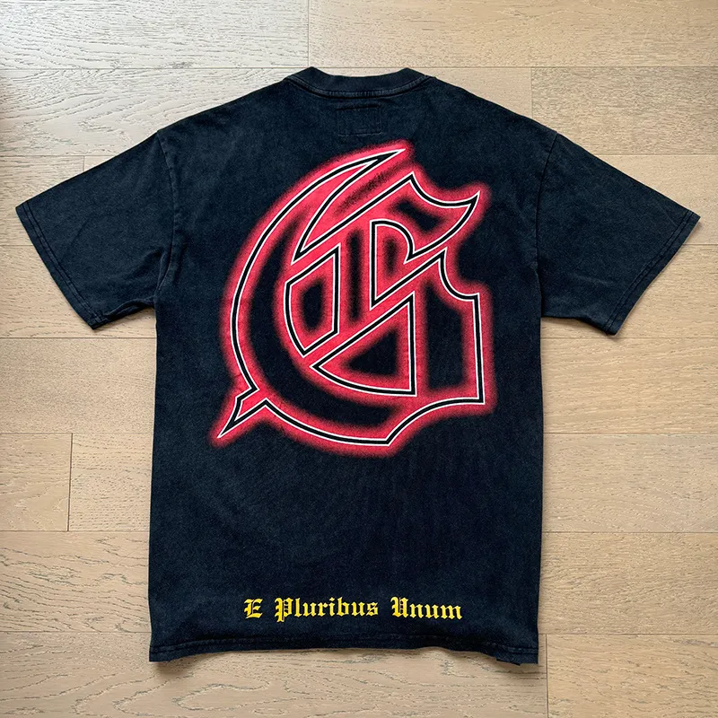 1167# P120 Washed Black Real Shot Godspeed American Fashion Rock Street Retro Washed Distressed Printed Pure Cotton Short Sleeves Fabric: 250g 32 Count Fine Cotton Double Yarn Pure Cotton Color: Washed Black Size: S M L XL