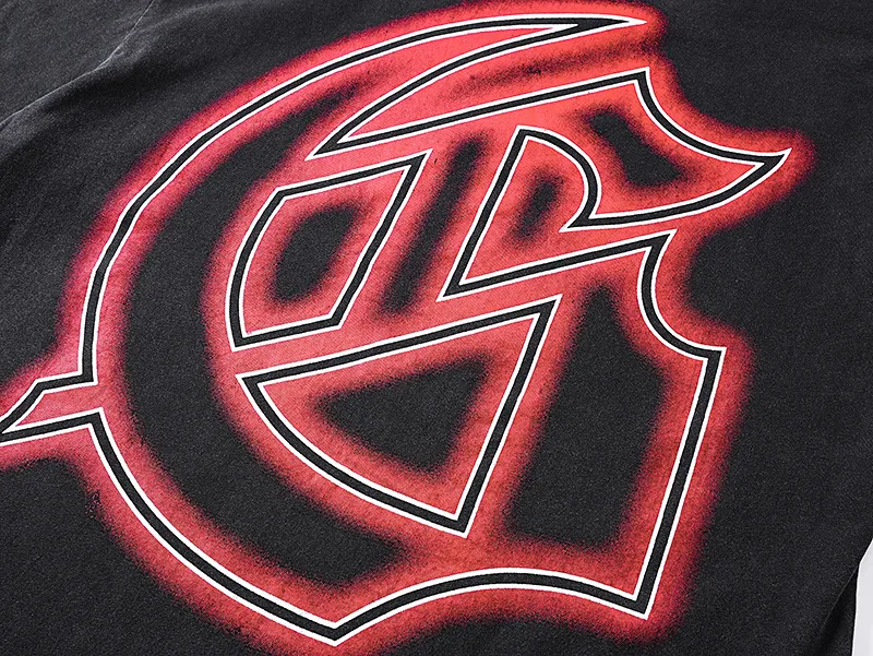 1167# P120 Washed Black Real Shot Godspeed American Fashion Rock Street Retro Washed Distressed Printed Pure Cotton Short Sleeves Fabric: 250g 32 Count Fine Cotton Double Yarn Pure Cotton Color: Washed Black Size: S M L XL