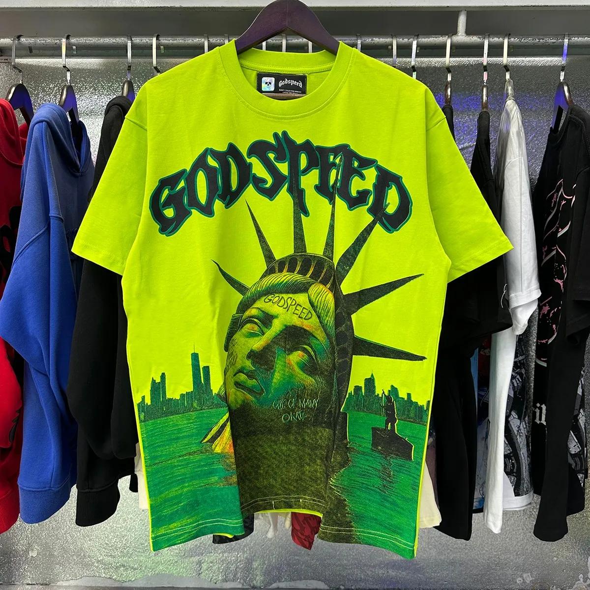 Actual photo, No. 7060, Mechao Godspeed Drowning Statue of Liberty print high weight double yarn pure cotton round neck short-sleeved T batch 110 Color: black, white, green; Size: S M L XL