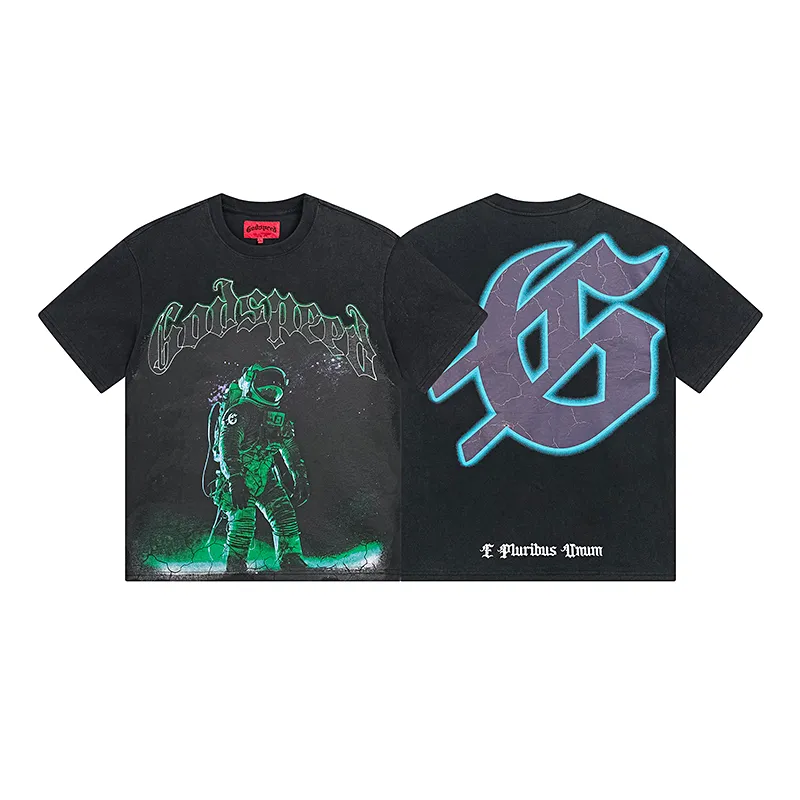 1086# P126 Washed Black Real Shot Godspeed American Fashion Rock Street Retro Washed Distressed Printed Pure Cotton Short Sleeves Fabric: 250g 32 Count Fine Cotton Double Yarn Pure Cotton Color: Washed Black Size: S M L XL