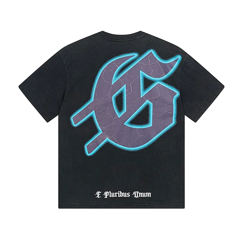 1086# P126 Washed Black Real Shot Godspeed American Fashion Rock Street Retro Washed Distressed Printed Pure Cotton Short Sleeves Fabric: 250g 32 Count Fine Cotton Double Yarn Pure Cotton Color: Washed Black Size: S M L XL