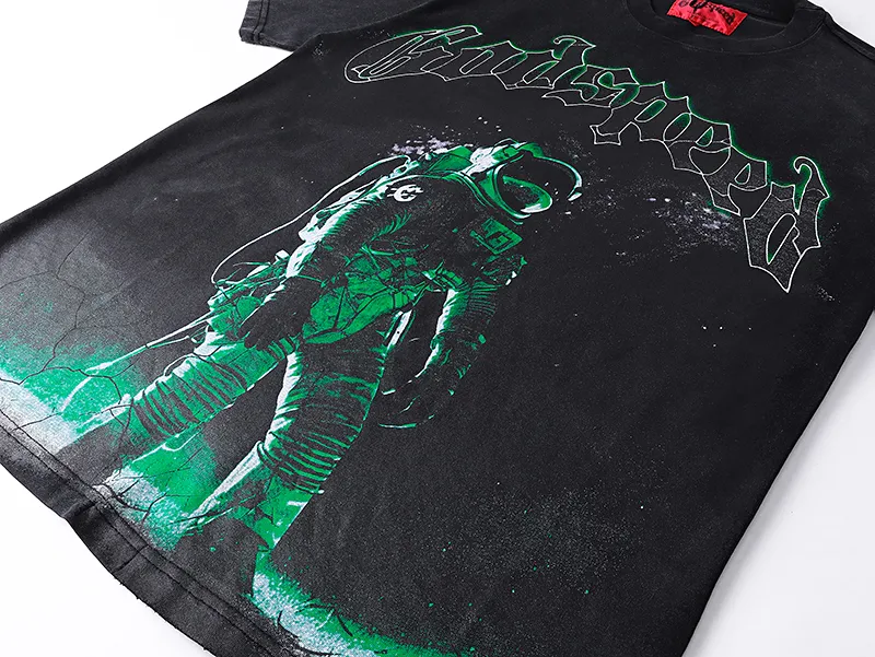 1086# P126 Washed Black Real Shot Godspeed American Fashion Rock Street Retro Washed Distressed Printed Pure Cotton Short Sleeves Fabric: 250g 32 Count Fine Cotton Double Yarn Pure Cotton Color: Washed Black Size: S M L XL