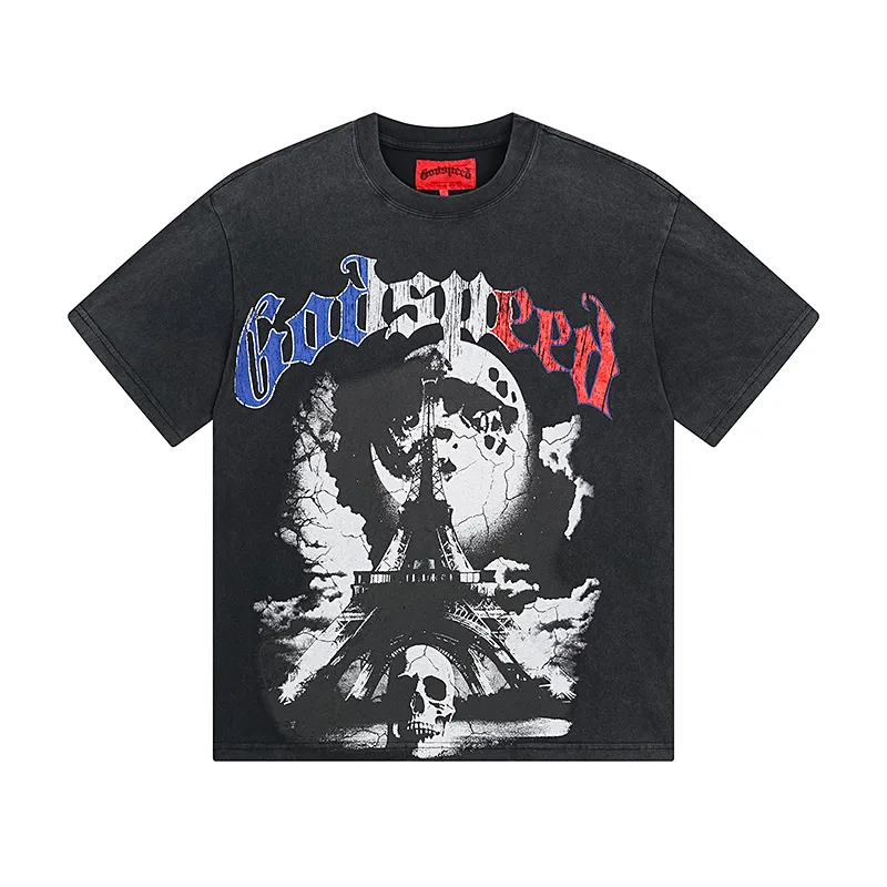1078# P126 Washed Black Real Shot Godspeed American Fashion Rock Street Retro Washed Distressed Printed Pure Cotton Short Sleeves Fabric: 250g 32 Count Fine Cotton Double Yarn Pure Cotton Color: Washed Black Size: S M L XL