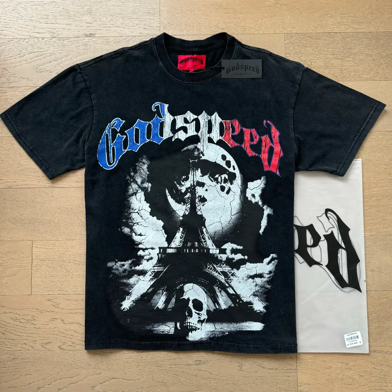 1078# P126 Washed Black Real Shot Godspeed American Fashion Rock Street Retro Washed Distressed Printed Pure Cotton Short Sleeves Fabric: 250g 32 Count Fine Cotton Double Yarn Pure Cotton Color: Washed Black Size: S M L XL