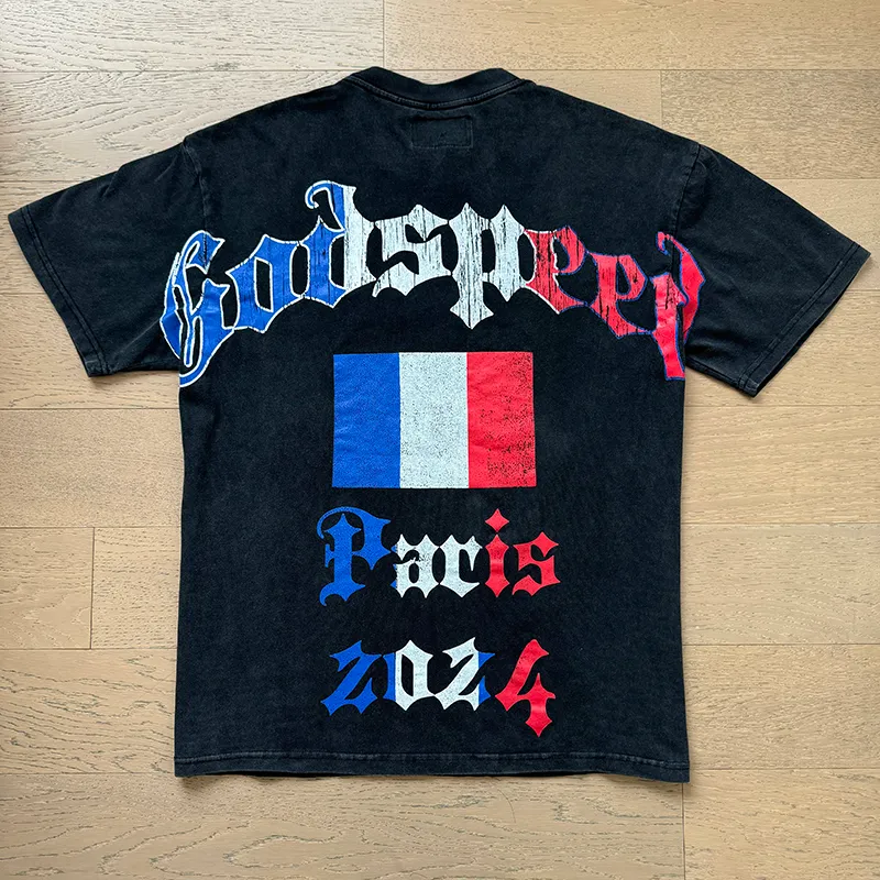 1078# P126 Washed Black Real Shot Godspeed American Fashion Rock Street Retro Washed Distressed Printed Pure Cotton Short Sleeves Fabric: 250g 32 Count Fine Cotton Double Yarn Pure Cotton Color: Washed Black Size: S M L XL