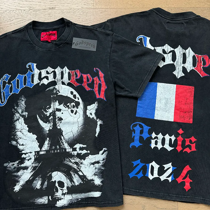 1078# P126 Washed Black Real Shot Godspeed American Fashion Rock Street Retro Washed Distressed Printed Pure Cotton Short Sleeves Fabric: 250g 32 Count Fine Cotton Double Yarn Pure Cotton Color: Washed Black Size: S M L XL