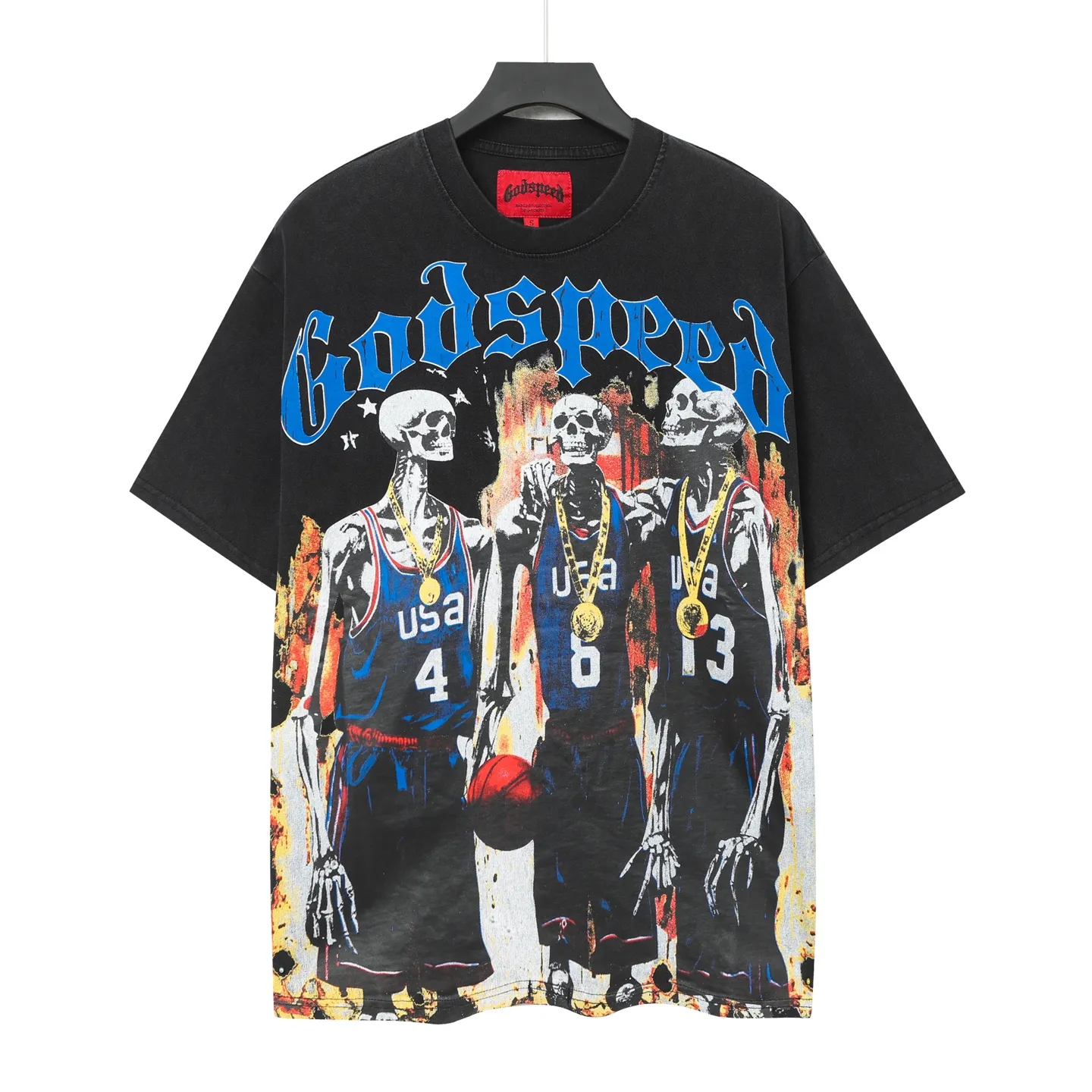 6020#washed black｜P116 Godspeed cross-border American rock and roll street washed retro style short-sleeved T (craft printing) fabric (fabric): 32 count combed double yarn 250g weight code number (size): S-M-L-XL color (colour): washed black 👉
