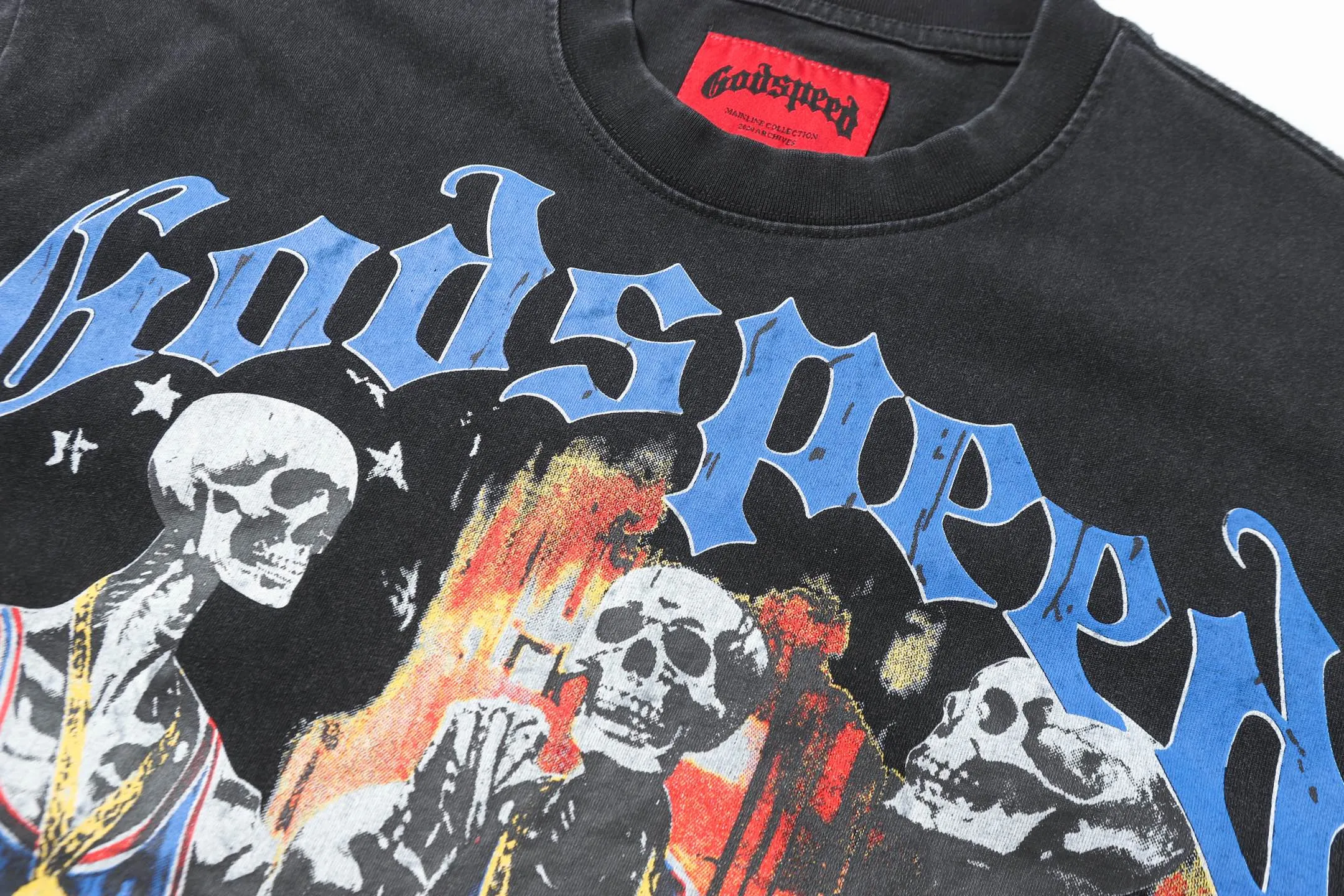 6020#washed black｜P116 Godspeed cross-border American rock and roll street washed retro style short-sleeved T (craft printing) fabric (fabric): 32 count combed double yarn 250g weight code number (size): S-M-L-XL color (colour): washed black 👉