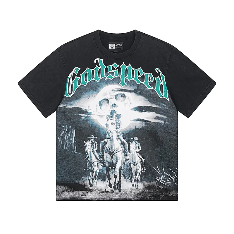 1038# P126 Washed Black Real Shot Godspeed American Fashion Rock Street Retro Washed Distressed Printed Cotton Short Sleeves Fabric: 250g 32 Count Fine Cotton Double Yarn Pure Cotton Color: Washed Black Size: S M L XL