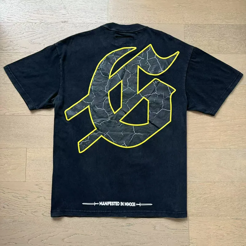 1080# P126 Washed Black Real Shot Godspeed American Fashion Rock Street Retro Washed Distressed Printed Cotton Short Sleeves Fabric: 250g 32 Count Fine Cotton Double Yarn Pure Cotton Color: Washed Black Size: S M L XL