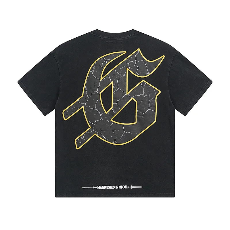 1080# P126 Washed Black Real Shot Godspeed American Fashion Rock Street Retro Washed Distressed Printed Cotton Short Sleeves Fabric: 250g 32 Count Fine Cotton Double Yarn Pure Cotton Color: Washed Black Size: S M L XL