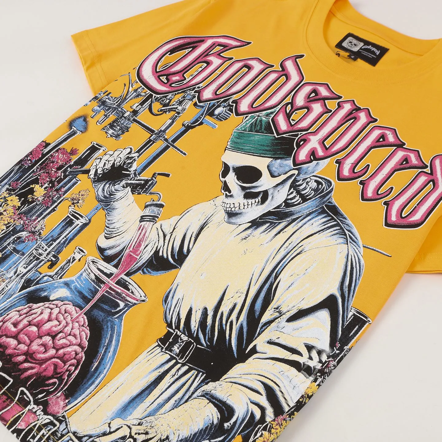 5115# Golden I P106 Godspeed cross-border American rock and roll street washed retro style short-sleeved T (craft printing) fabric (fabric) 32-count combed double yarn 240 grams weight code number (size): S-M-L-XL color (colour): golden yellow