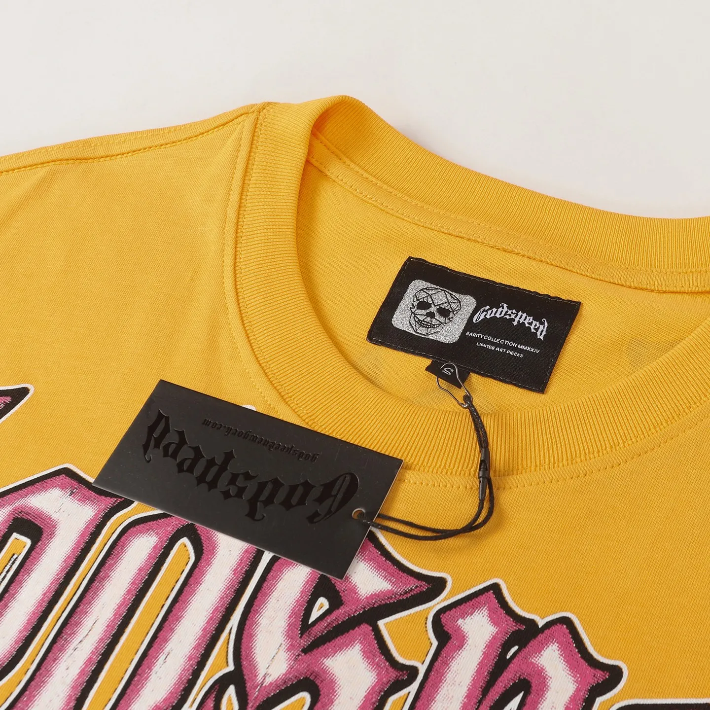 5115# Golden I P106 Godspeed cross-border American rock and roll street washed retro style short-sleeved T (craft printing) fabric (fabric) 32-count combed double yarn 240 grams weight code number (size): S-M-L-XL color (colour): golden yellow