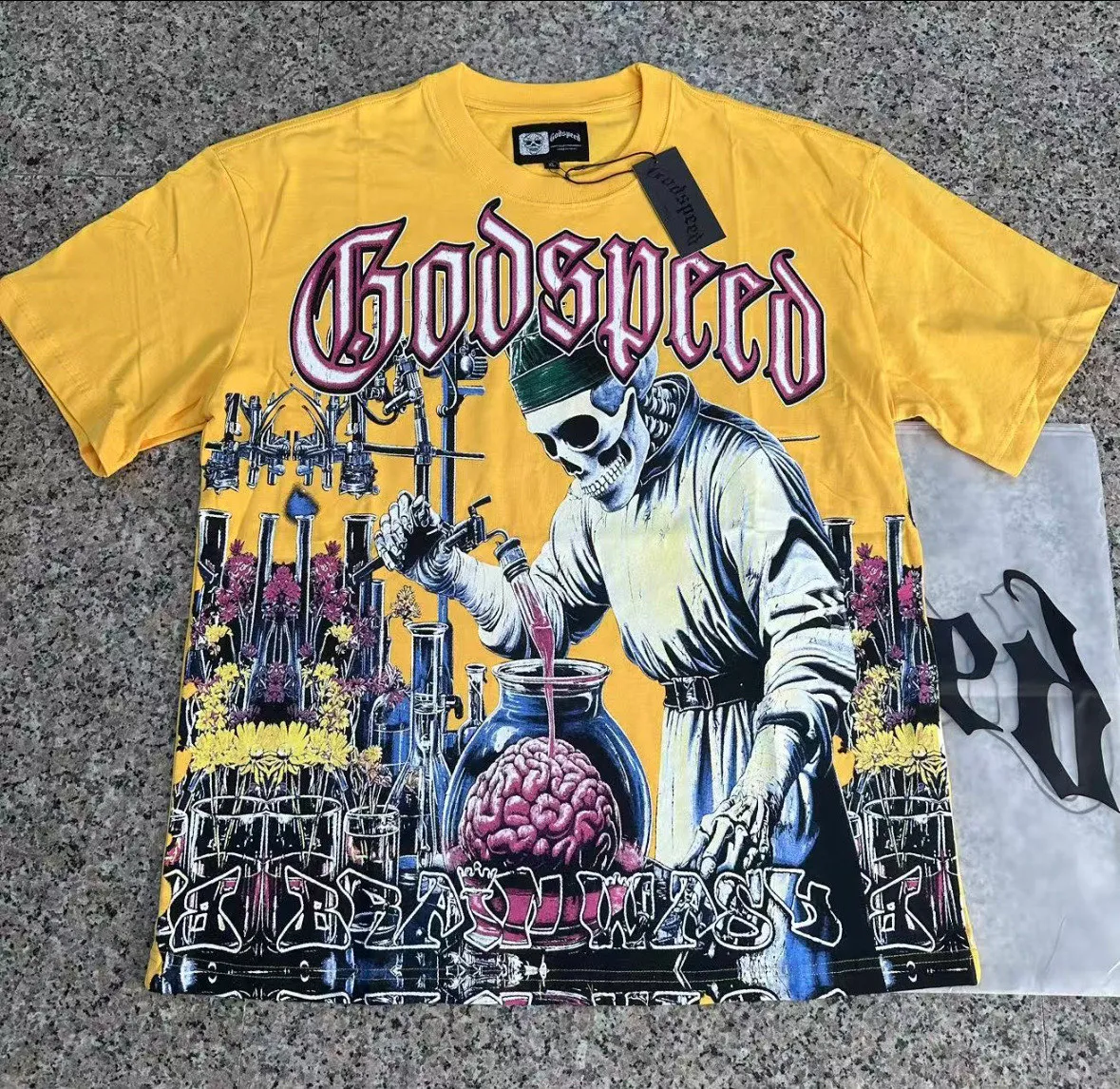 5115# Golden I P106 Godspeed cross-border American rock and roll street washed retro style short-sleeved T (craft printing) fabric (fabric) 32-count combed double yarn 240 grams weight code number (size): S-M-L-XL color (colour): golden yellow
