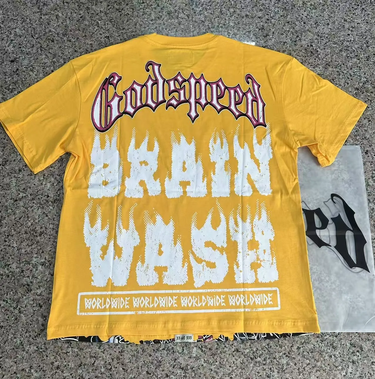 5115# Golden I P106 Godspeed cross-border American rock and roll street washed retro style short-sleeved T (craft printing) fabric (fabric) 32-count combed double yarn 240 grams weight code number (size): S-M-L-XL color (colour): golden yellow