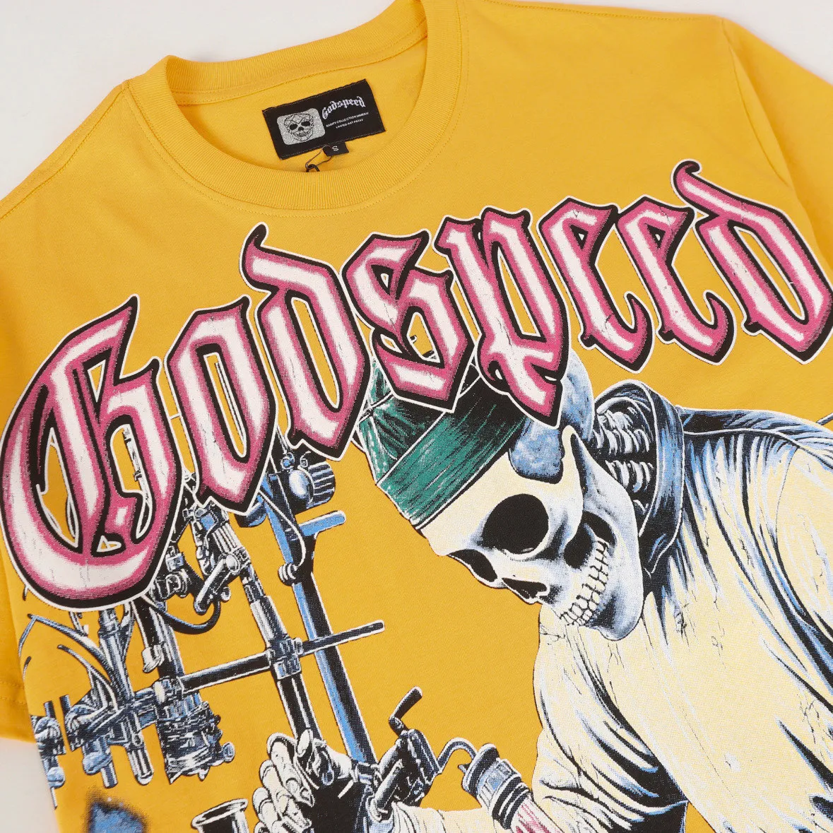 5115# Golden I P106 Godspeed cross-border American rock and roll street washed retro style short-sleeved T (craft printing) fabric (fabric) 32-count combed double yarn 240 grams weight code number (size): S-M-L-XL color (colour): golden yellow