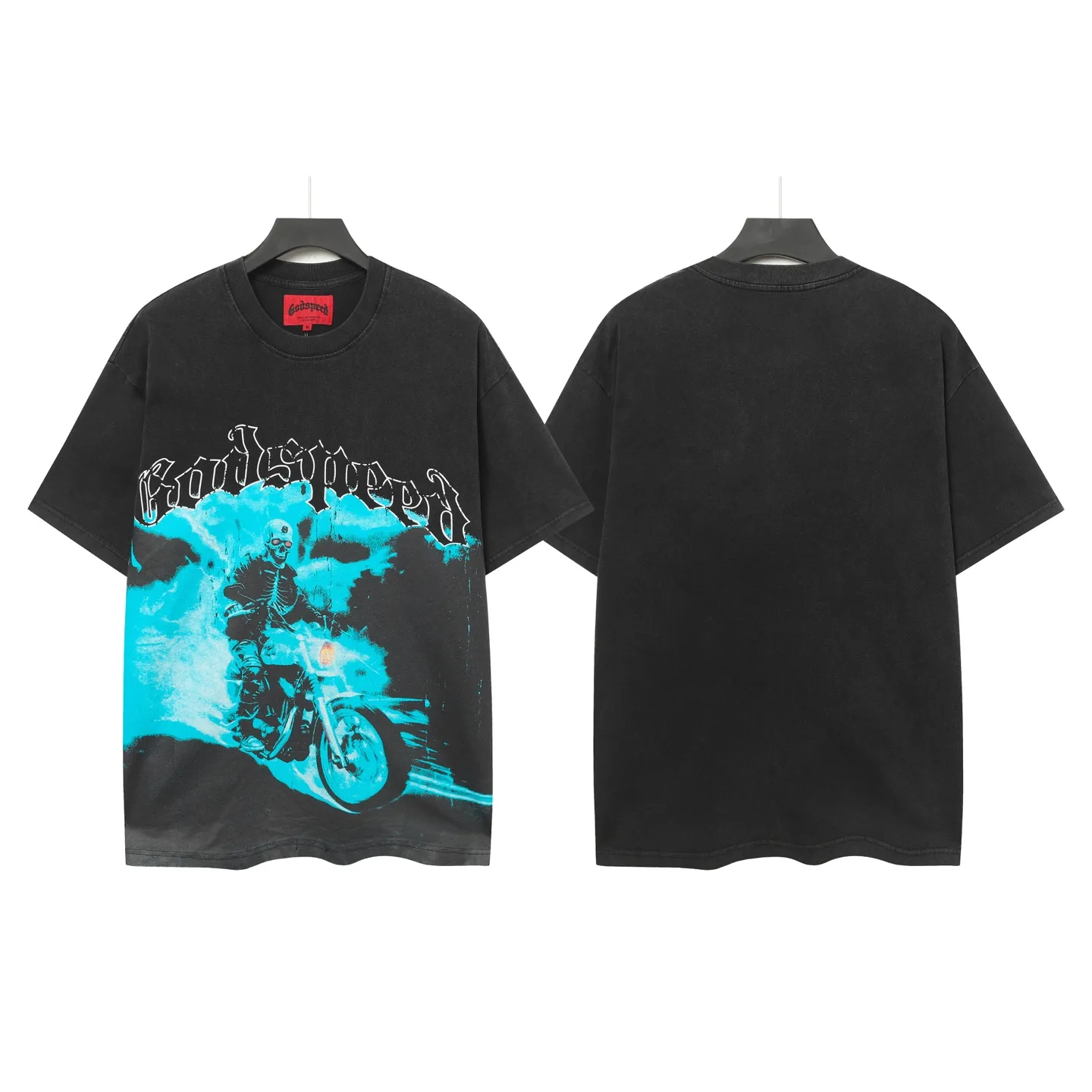 6075#washed black ｜P116 Godspeed cross-border American rock and roll street washed retro style short-sleeved T (craft printing) fabric (fabric): 32 count combed double yarn 250g weight size (size): S-M-L-XL color (colour): washed black 👉