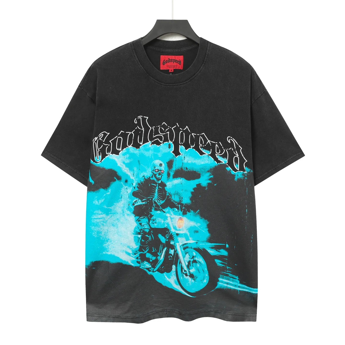 6075#washed black ｜P116 Godspeed cross-border American rock and roll street washed retro style short-sleeved T (craft printing) fabric (fabric): 32 count combed double yarn 250g weight size (size): S-M-L-XL color (colour): washed black 👉