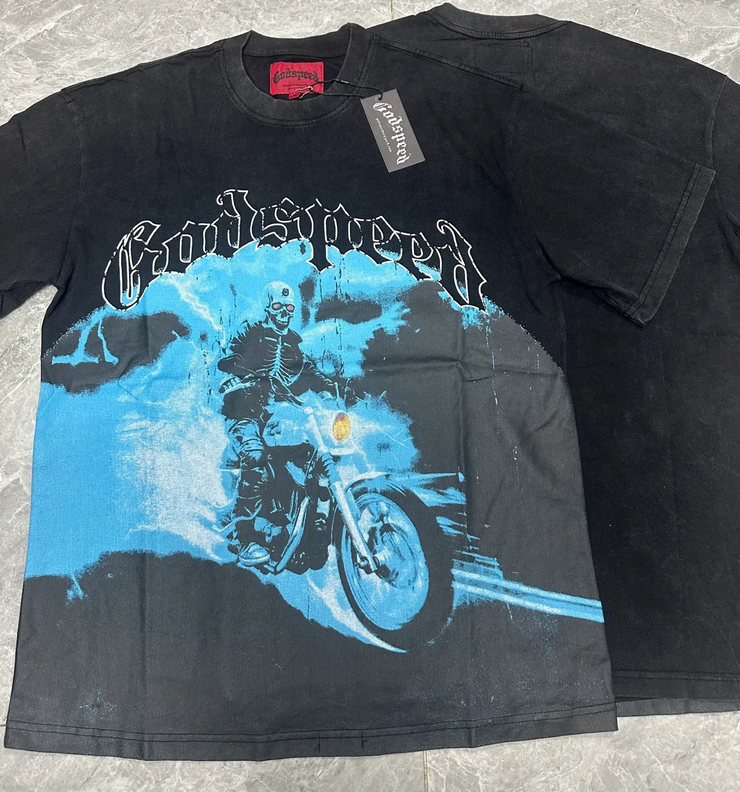 6075#washed black ｜P116 Godspeed cross-border American rock and roll street washed retro style short-sleeved T (craft printing) fabric (fabric): 32 count combed double yarn 250g weight size (size): S-M-L-XL color (colour): washed black 👉