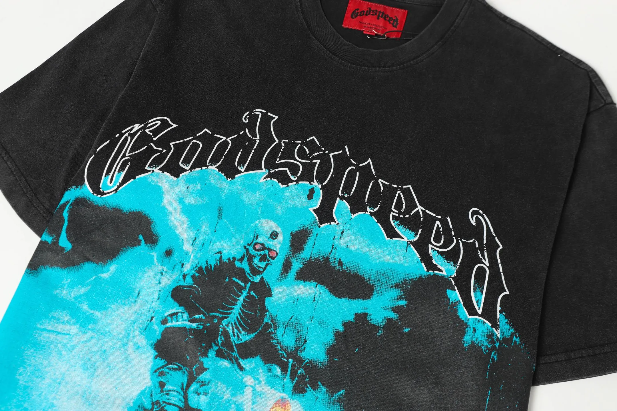 6075#washed black ｜P116 Godspeed cross-border American rock and roll street washed retro style short-sleeved T (craft printing) fabric (fabric): 32 count combed double yarn 250g weight size (size): S-M-L-XL color (colour): washed black 👉