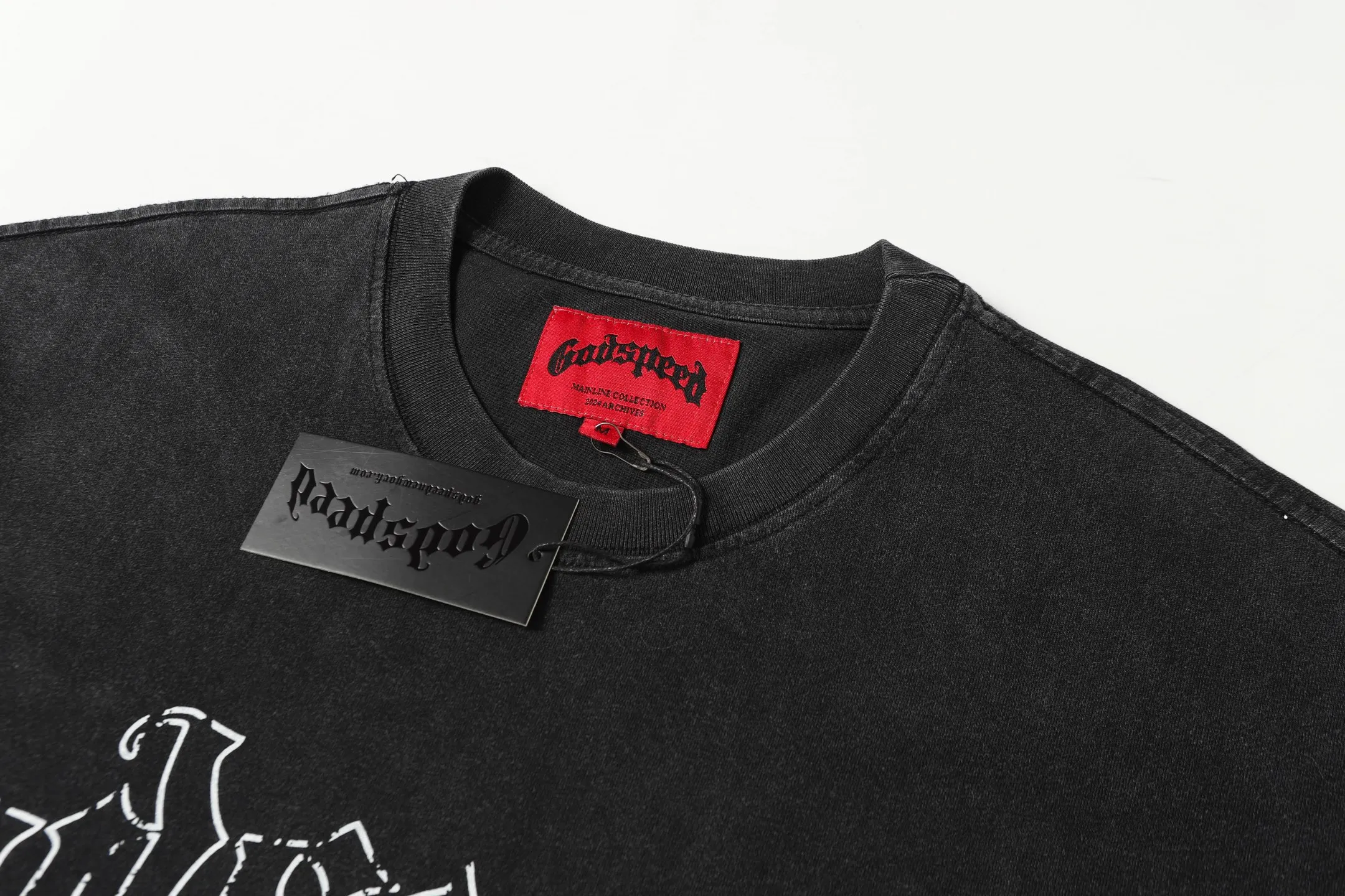 6075#washed black ｜P116 Godspeed cross-border American rock and roll street washed retro style short-sleeved T (craft printing) fabric (fabric): 32 count combed double yarn 250g weight size (size): S-M-L-XL color (colour): washed black 👉