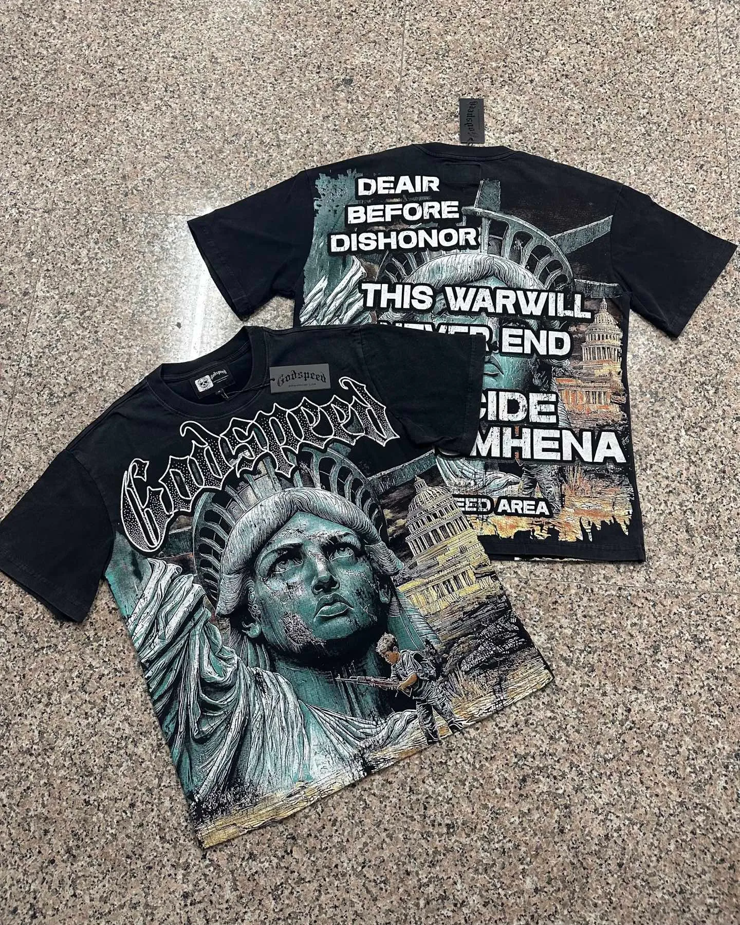 6133# Washed black I P116 Real stock (American fashion niche) Godspeed cross-border American rock street washed retro style short-sleeved T (craft printing) Fabric (fabric): 32 counts combed double yarn 250 grams weight Size (size): S-M-L-XL Color (colour): Washed black