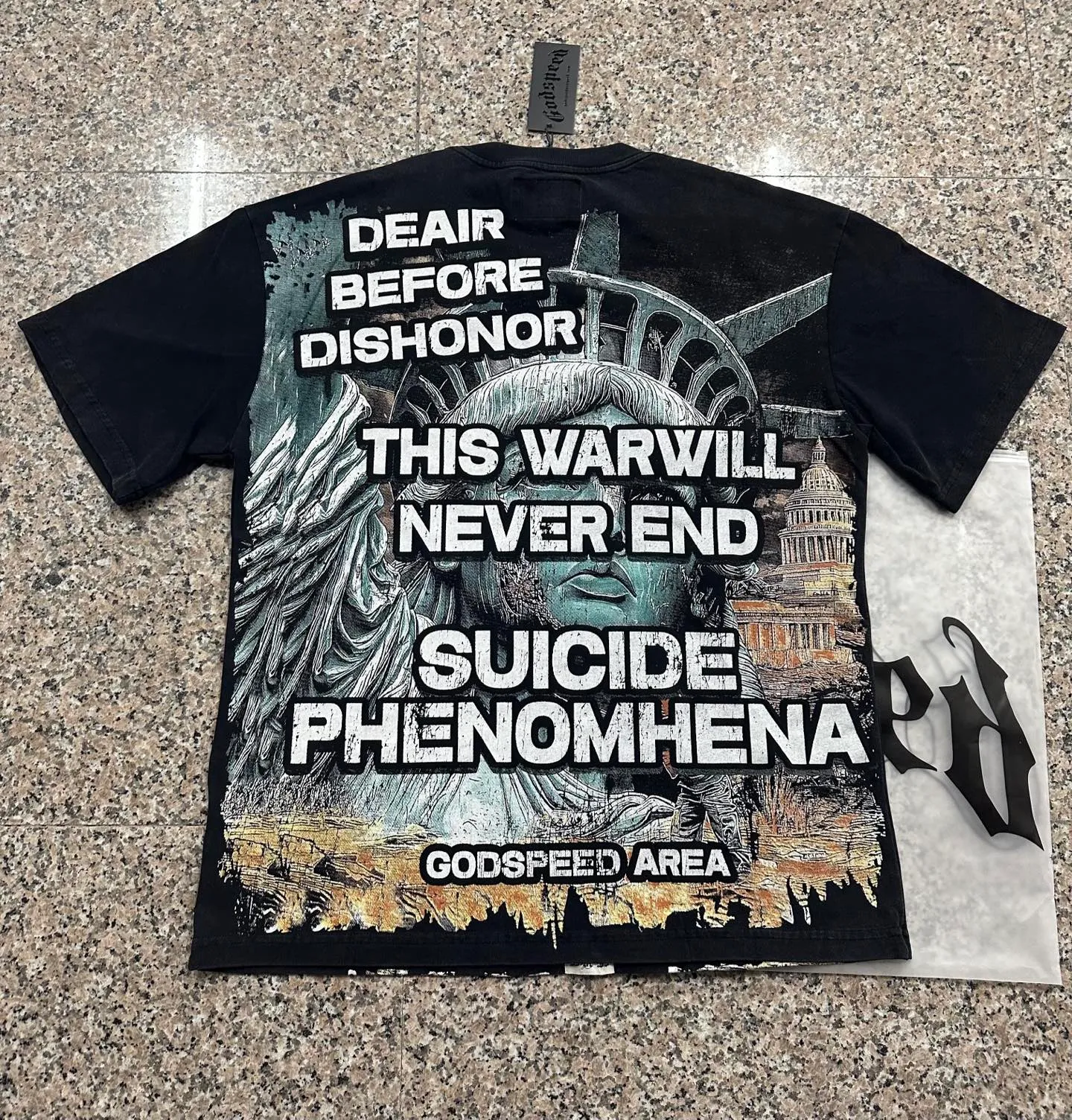 6133# Washed black I P116 Real stock (American fashion niche) Godspeed cross-border American rock street washed retro style short-sleeved T (craft printing) Fabric (fabric): 32 counts combed double yarn 250 grams weight Size (size): S-M-L-XL Color (colour): Washed black
