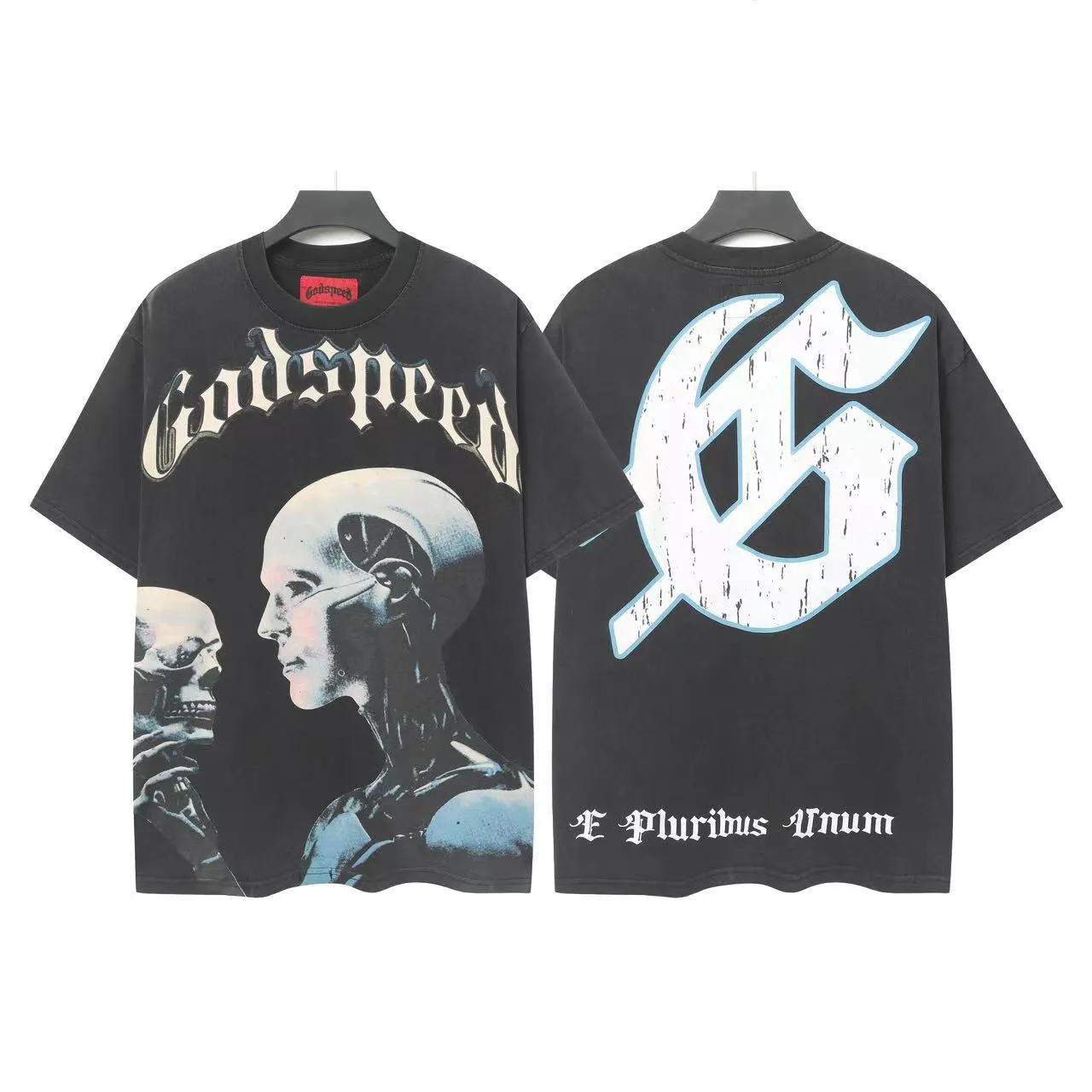 6018#washed black｜P116 Godspeed cross-border American rock and roll street washed retro style short-sleeved T (craft printing) fabric (fabric): 32 count combed double yarn 250g weight size (size): S-M-L-XL color (colour): washed black 👉