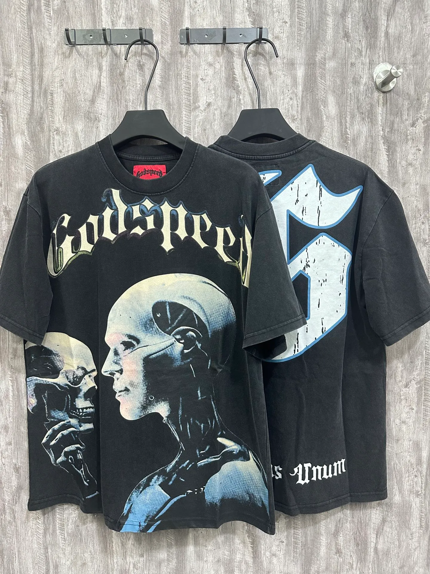 6018#washed black｜P116 Godspeed cross-border American rock and roll street washed retro style short-sleeved T (craft printing) fabric (fabric): 32 count combed double yarn 250g weight size (size): S-M-L-XL color (colour): washed black 👉